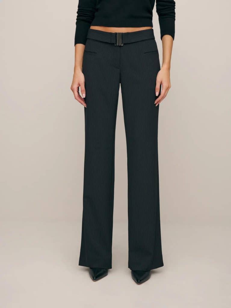 reformation camille rowe black pinstripe trousers
