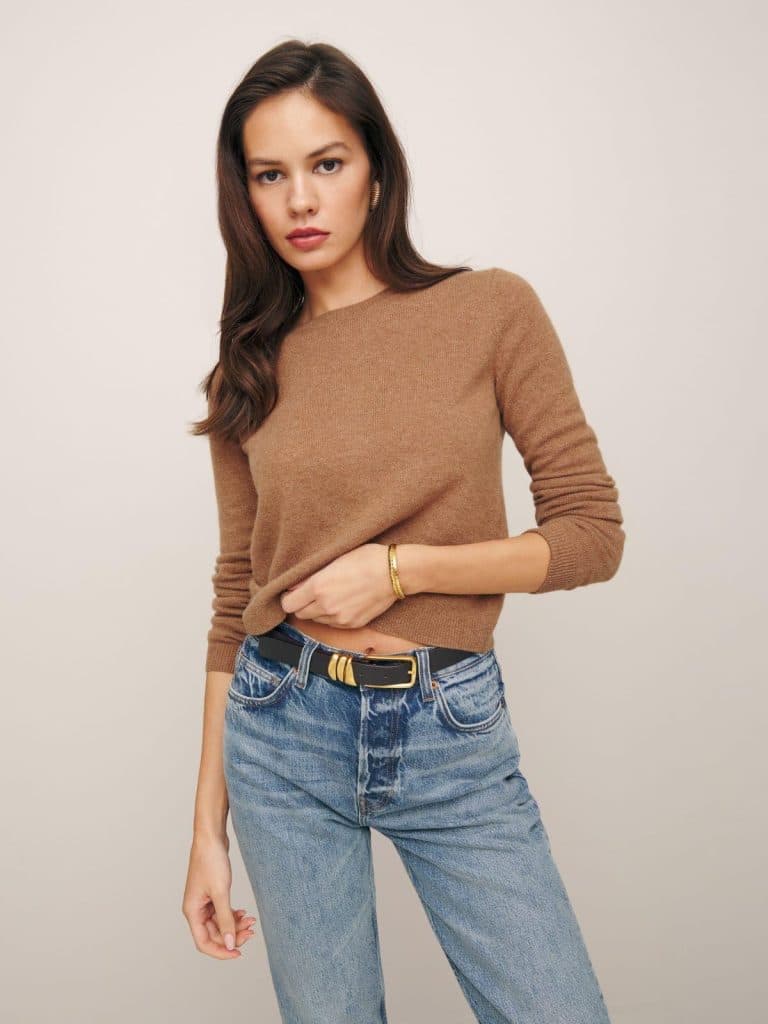 reformation camille rowe
brown cashmere long sleeve sweater